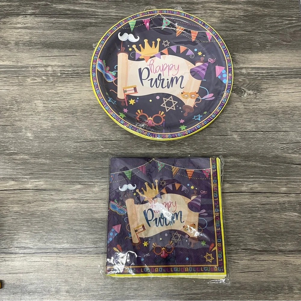 Happy Purim Party Plates‎ & Napkins Set • Festive Jewish Holiday Tableware